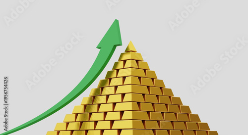 Gold Bar Pyramid with Upward Green Arrow Representing Financial Growth, Wealth Accumulation, and Bullish Market Trends