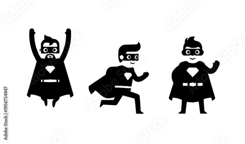 Flat superhero icon trio with red capes in jumping running and hero poses for modern design