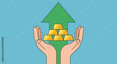 Financial Growth Concept with Gold Bars and Green Upward Arrow Held by Hands