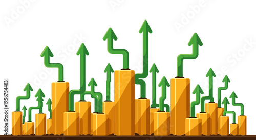 Business Growth Bar Chart Illustration with Green Upward Arrows Symbolizing Financial Success and Profit Increase