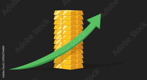 Stack of Gold Bars with Green Upward Arrow Representing Financial Growth, Investment Success, and Rising Gold Market Prices