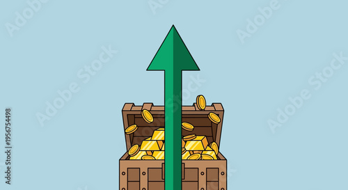 Financial Growth Concept: Treasure Chest with Gold Bars and Rising Green Arrow Representing Profit and Success