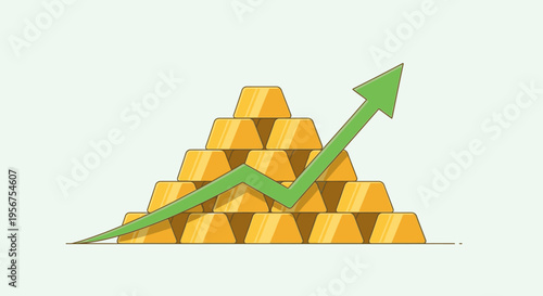 Gold Bull Market Concept with Stack of Gold Bars and Upward Growing Green Arrow Illustration