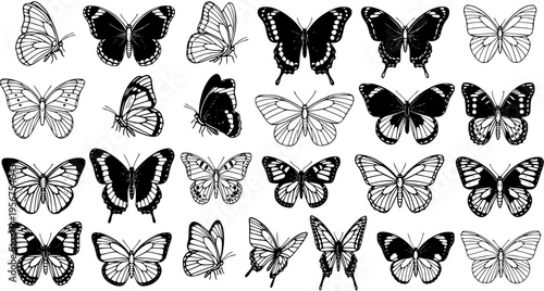 Hand-drawn Butterfly Collection. Black and white vector set of various flying insects in sketch style. Detailed monochrome illustration of different butterflies, perfect for nature, spring,