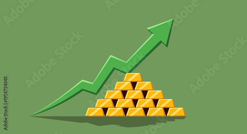Rising Gold Prices and Financial Growth Concept Illustration with Stacked Bullion Bars and Upward Green Arrow