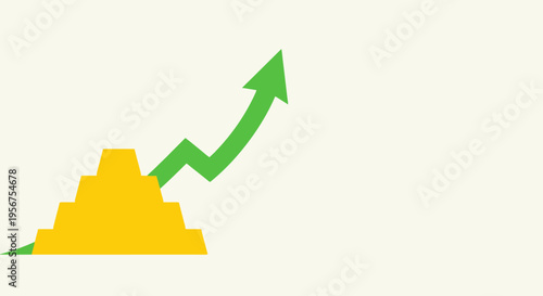 Gold Investment Growth Concept with Rising Green Arrow and Stacked Gold Bars on White Background