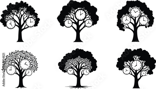 Tree with clocks silhouettes time concept growth life cycle illustration schedule management nature design black white collection symbolic art