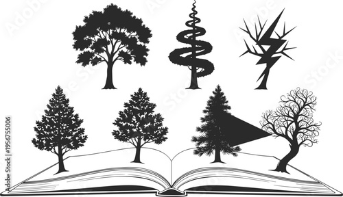 Tree silhouettes growing from open book imagination knowledge concept education nature creativity learning illustration fantasy design black white