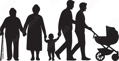 A black and white silhouette image showcasing multiple generations of an extended family, from an elderly person with a cane to a baby in a stroller, depicting the circle of life.