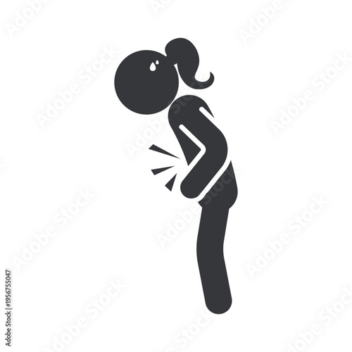 Isolated pictogram of woman holding abdomen while bending representing menstrual pain, cramps, PMS symptoms, discomfort, and female health awareness