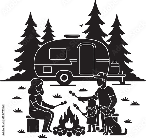 A silhouette illustration of a family (mother, father, child, and dog) camping, roasting marshmallows around a campfire next to their campervan amidst pine trees.