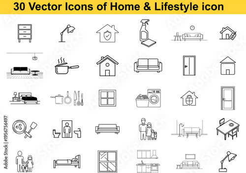 Collection of thirty vector icons related to home and lifestyle themes