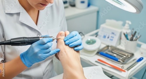 Podiatrist performing a pedicure on a patients foot in a clinic.