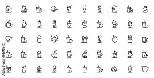 Shakes and Smoothies icon set. Vector illustration includes blender, strawberry, milkshake, smoothie, coconut, banana and more. Editable line icons.