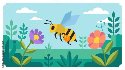 Bee flying near colorful flowers outside.