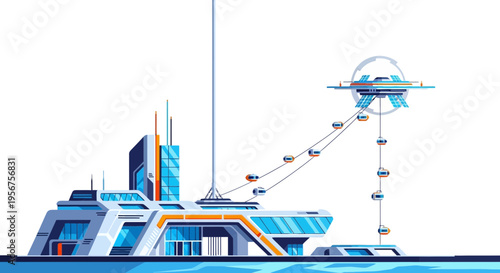 Concept art of Space Elevators in a futuristic cityscape with sleek towers and advanced Technology.
