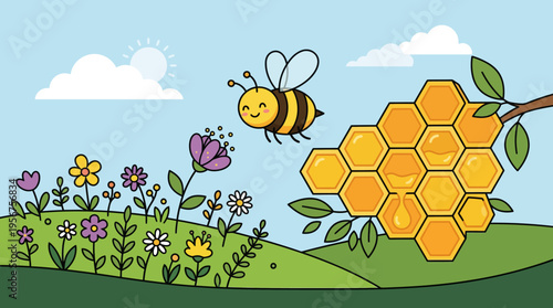 Bee flying near honeycomb insect.