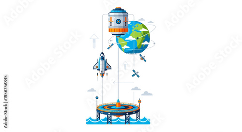 Conceptual illustration of Space Elevators launching rockets near a futuristic trampoline in a Concept environment