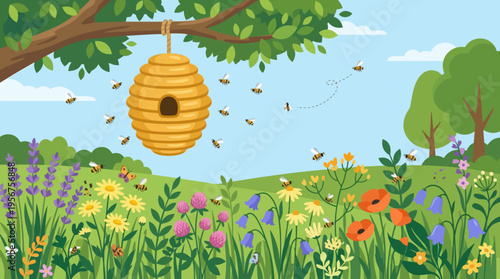 Beehive hanging from tree branch outdoors.