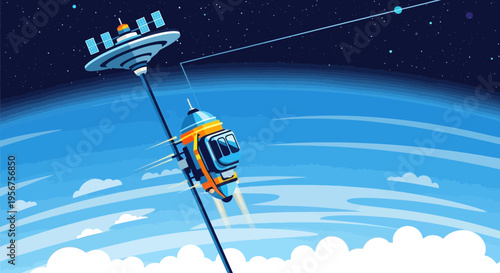 Conceptual illustration of Space Elevators lifting modules into orbit around Earth