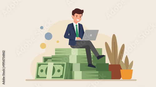 Businessman Sitting on Money Stacks Laptop.