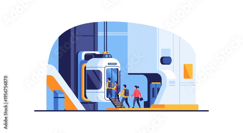 People exiting Elevators in a futuristic Space Concept station with Technology