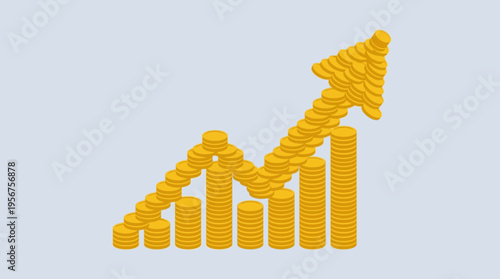 Golden coins stacked bar chart graph.