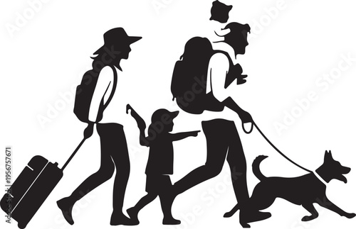 A black silhouette of a family, including parents, two children, and a dog, traveling with backpacks, suitcase, and on leash.