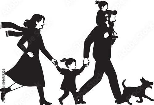 A heartwarming black silhouette of a family�parents, two children, and their dog�happily walking together, showcasing unity and companionship.