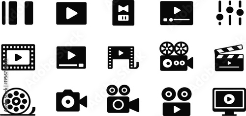 Media playback and production icons including play button and film reel Keywords: media, playback, production, icons, video