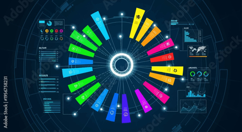 A futuristic digital interface displaying a circular data visualization with colorful segments and various graphs on a dark blue background.