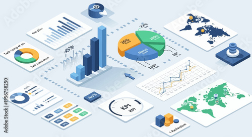 Isometric data visualization with various charts, graphs, and maps for business analytics and reporting.