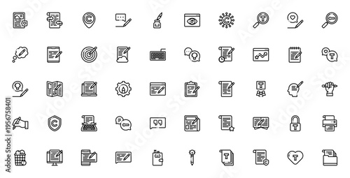 Copywriting icon set. Vector line icons pack for content, editing, keywords, ideas, writing and more. Includes symbols for revision, deadline, teamwork, creative and marketing.