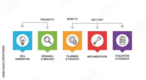 A visual representation of a business process flow, outlining key stages from idea generation to evaluation and feedback.