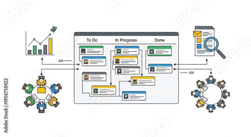 Agile project management board illustrating workflow from planning to completion with team collaboration and data analysis.
