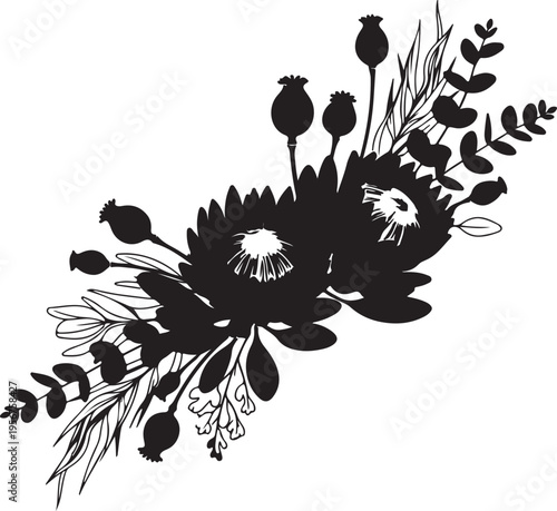 Elegant black silhouette of a diverse floral arrangement featuring flowers, leaves, and poppy seed pods, perfect for botanical designs.