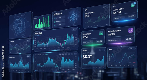 Futuristic digital interface with hexagonal data visualization elements displaying various charts, graphs, and numbers on a dark background.