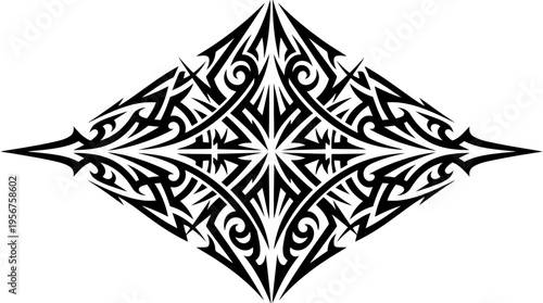 Symmetrical black tribal ornamental diamond shaped decorative design.