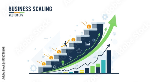 Illustration of business scaling with a staircase representing growth and a rising arrow symbolizing success and profit.