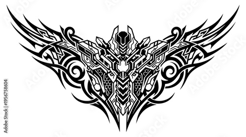Symmetrical Black Tribal Tattoo Winged Ornamental Design.