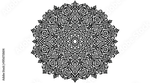 Intricate black mandala ornamental circular symmetric geometric pattern design.