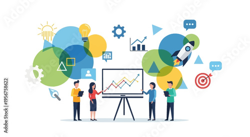 A team of business professionals collaborating on a presentation board with data analysis and various icons representing ideas, strategy, and growth.