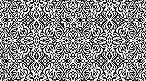 Black and white seamless ornamental damask pattern with intricate geometric motifs.