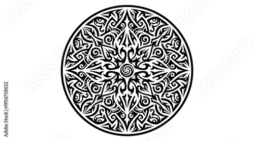 Intricate black and white circular ornamental mandala pattern.