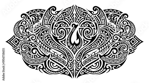 Intricate symmetrical tribal ornamental tattoo design with flowing curves and swirls.
