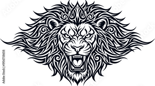 Bold tribal lion head tattoo illustration with flowing mane and roaring expression.