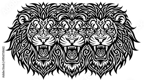 Three roaring lions tribal tattoo style vector emblem design.