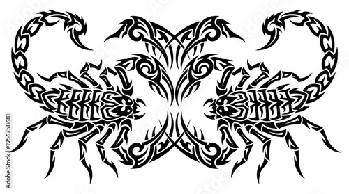 Symmetrical black tribal scorpion tattoo design with ornamental stinger and pincers.