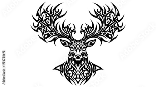 Black tribal stag head tattoo illustration with ornate antler patterns.