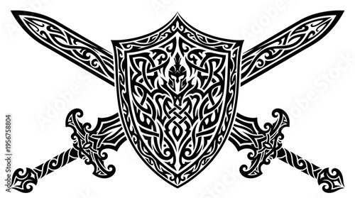 Ornate Celtic shield with two crossed decorative swords in black and white.